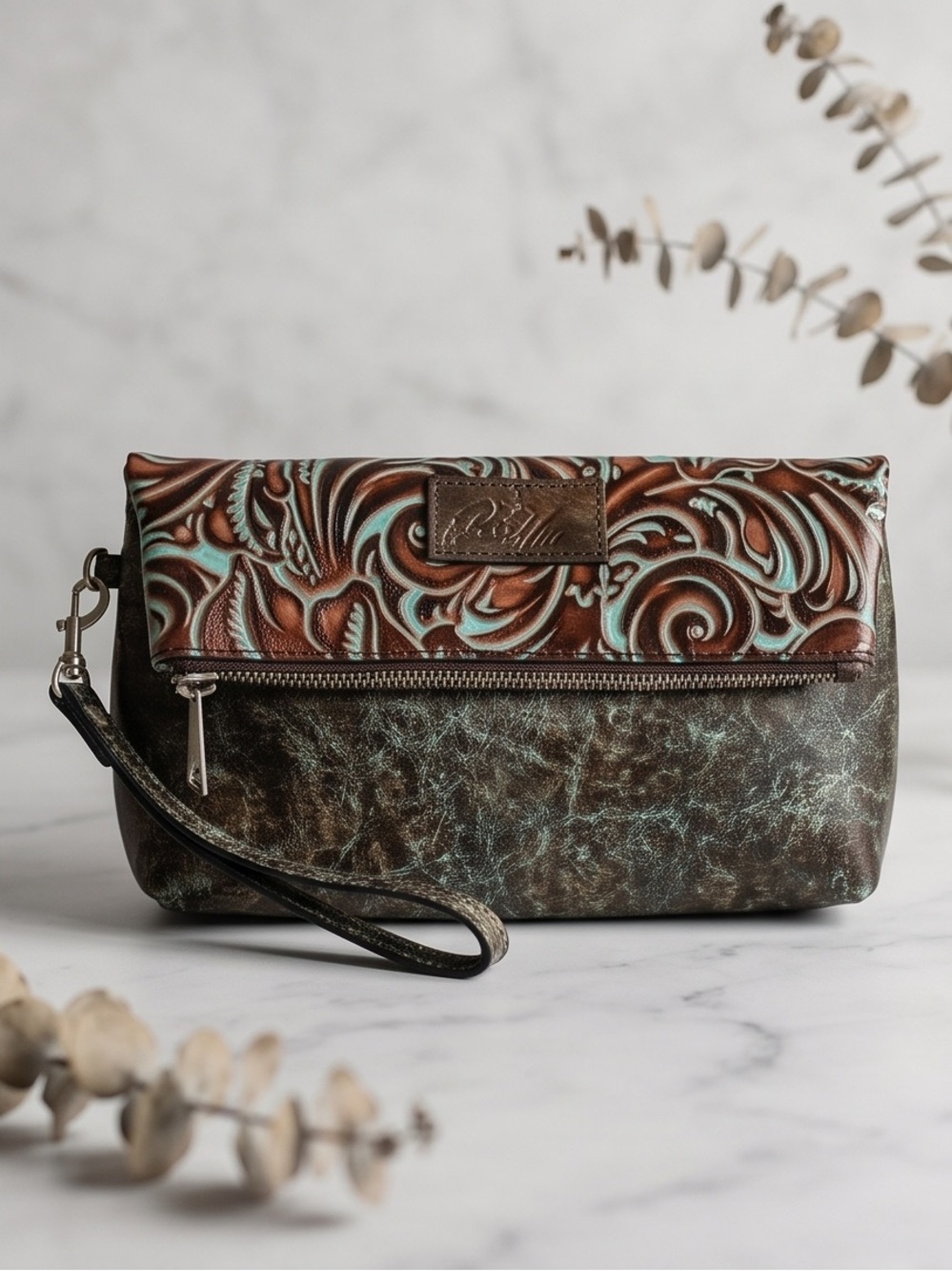 Patricia Nash Brown and Turquoise Tooled Leather Wristlet